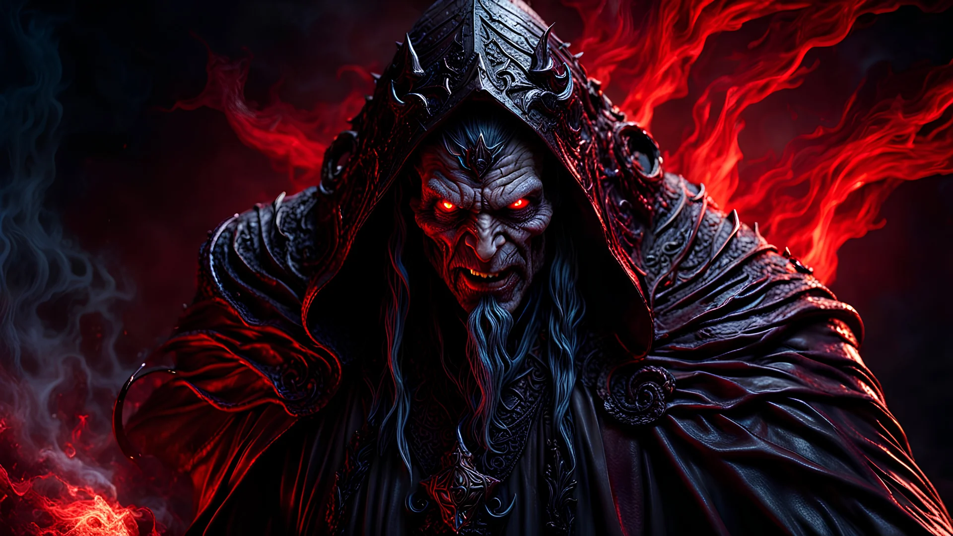 Complex 3d render, organic features profile of an evil, male Undead Sorcerer with putrefying skin wearing full-length, human skin robes. Dariusz Zawadzki, Seb Mckinnon, Gustave Dore art styles, dark fantasy background, glossy, wet, black and crimson hour, hyper-detailed, ultrasharp, pulsating veins, red light particles, hyperrealism, meticulous, 8k UHD, medium-full shot.