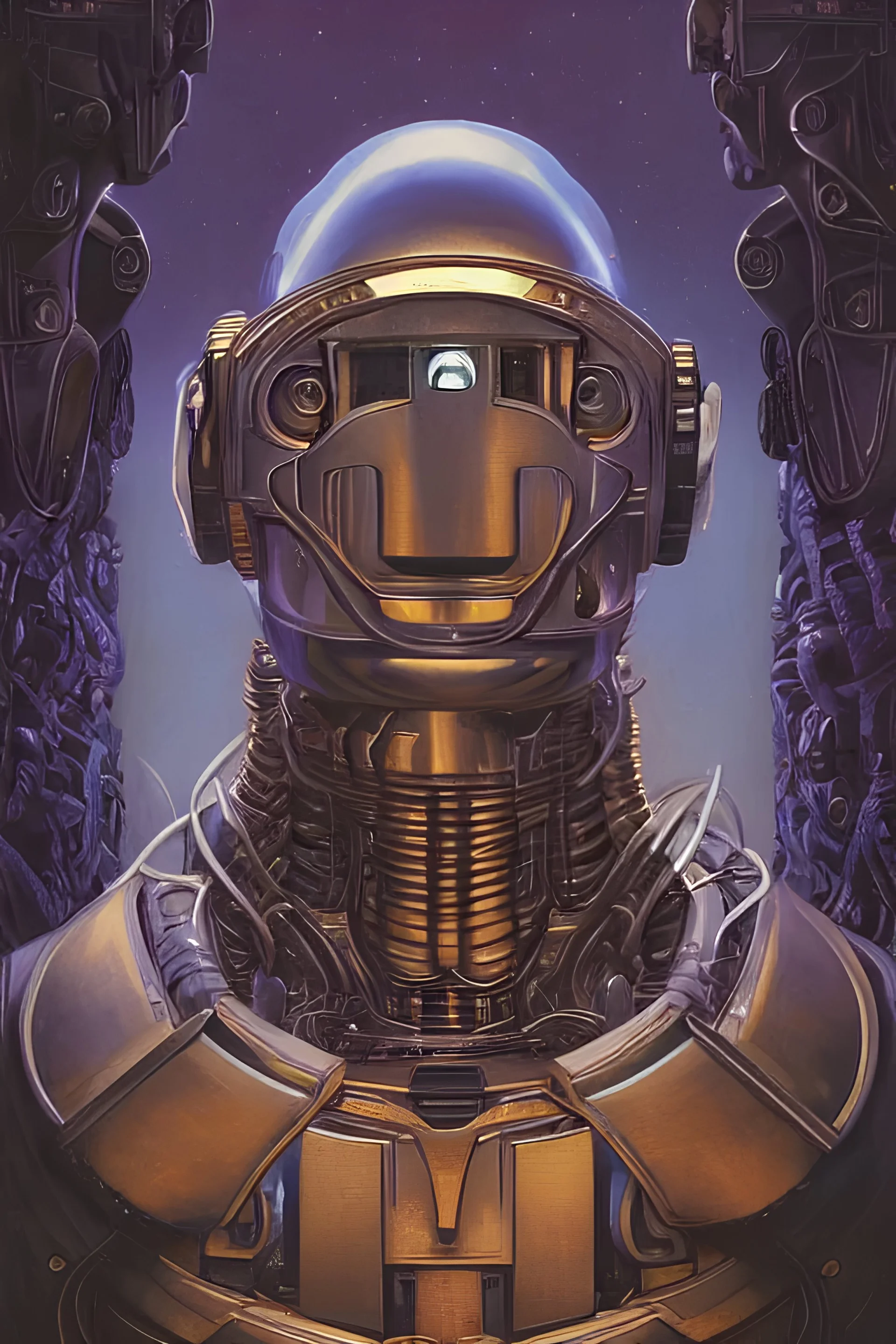 cinematic bust portrait of psychedelic robot from left, head and chest only, exotic alien features, robotic enhancements, desaturated, Tim Hildebrandt, Wayne Barlowe, Bruce Pennington, donato giancola, larry elmore, oil on canvas, masterpiece, trending on artstation, featured on pixiv, fit in frame, cinematic composition, dramatic pose, beautiful lighting, sharp, details, hyper-detailed, HD, HDR, 4K, 8K