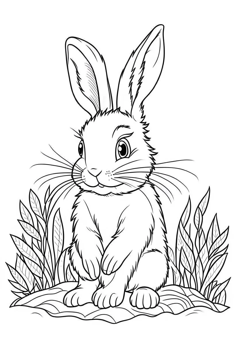 cute coloring page, sketch style, cute baby rabbit in the wood, cartoon, white and black, withe background, no shadows, outline.