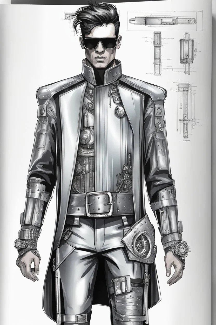 fashion illustration, sketches, futuristic man fashion, microchip designe shirt, black leather pant with silver accessories and belt buckle, steampunk and cyberpunk mixed style, sci-fi fashion style