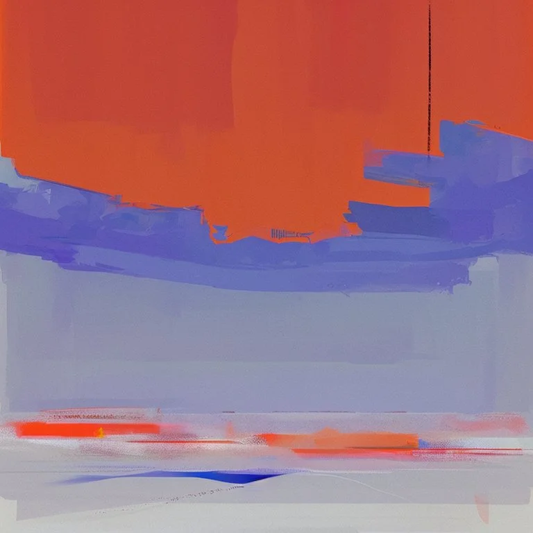 Melancholy Minimal abstract flat landscape painting. Rough brushstrokes and dripping paint. A single orange colour highlight with complimentary background colours. Use rule of thirds. Place the Horizon line at the top. Style of Justin Mortimer.Abstract empty landscape painting. Dripping paint. Rough. Minimal. Style of Justin Mortimer.