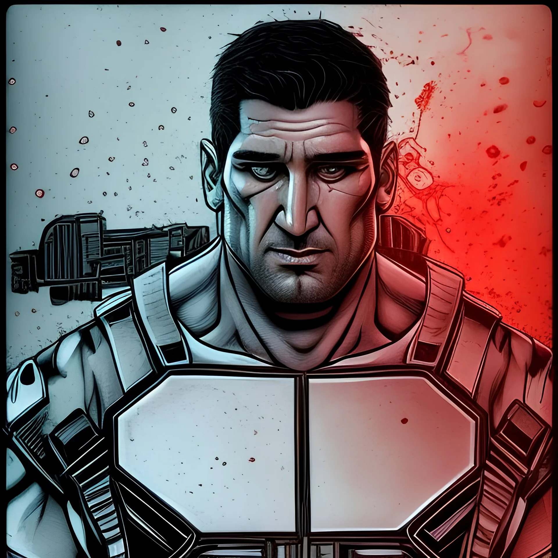 Draw for me the punisher Frank Castle with a chest wound and blood pouring out of it, and sitting on a bed unable to stand