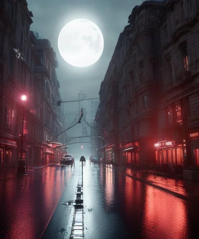 circular white moon, 3D, beautiful, light reflecting, city, midnight, rainy night