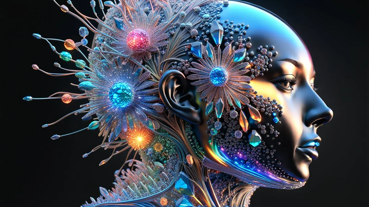 3D rendering of Expressively detailed and intricate of a hyperrealistic “human figurine”: shinning crystal, molecules, glossy skin, neon rainbow, side view, scientific, single object, black background, cosmic fractals, octane render, 8k post-production, dendritic, artstation: award-winning: professional portrait: atmospheric: commanding: fantastical: clarity: 16k: ultra quality: striking: brilliance: stunning colors: amazing depth