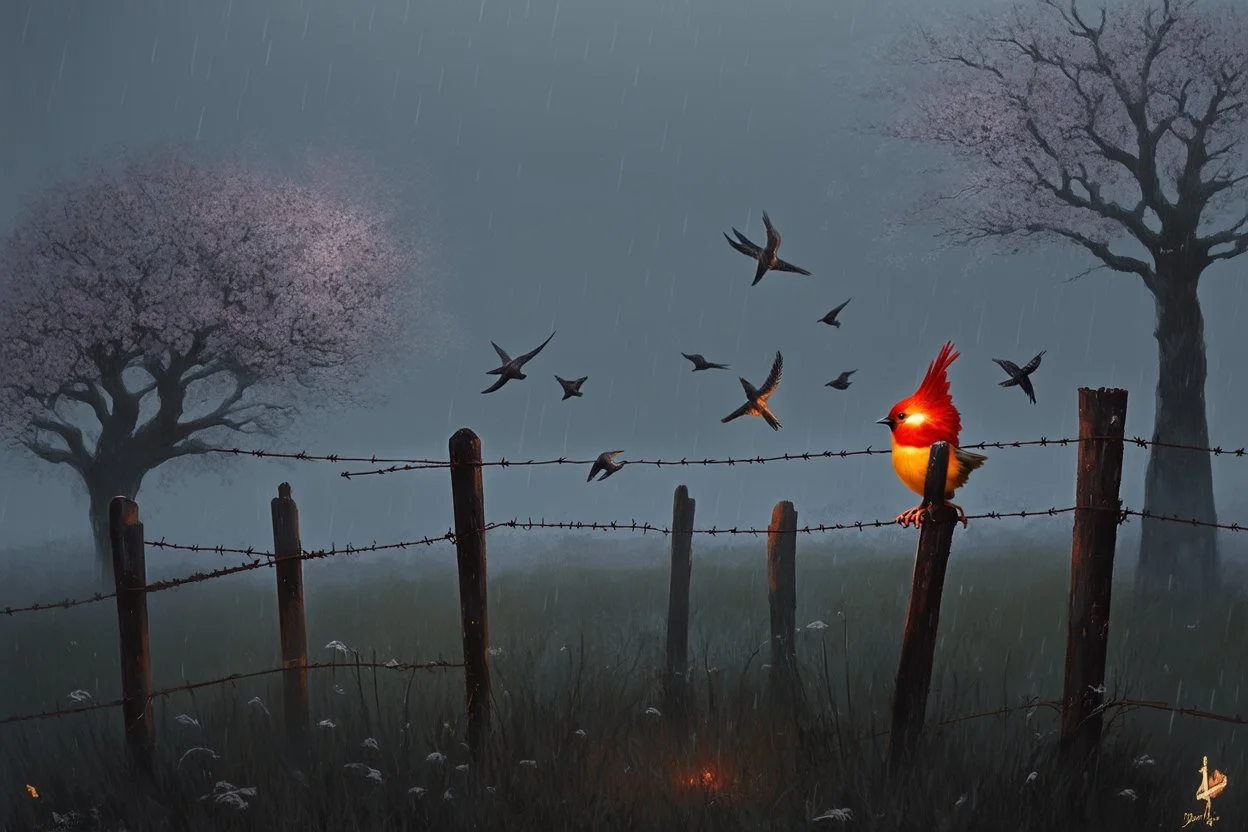 arafed whimsical folk art: post-apocalyptic grey tones, serene overgrown landscape at dawn, end of humanity, wild plum trees, soft mist, grotesque rain, a (((vibrant robin))) with glowing fiery red feathers perched on a rusted low fence-wire in the foreground, swallows circling, damp dark earth, abandoned decaying wooden posts fading, soft ethereal dawn, pastel tones, heavy rust vibe, scrap metal vibe