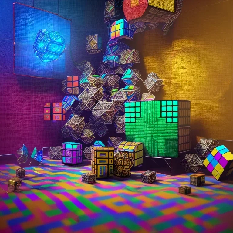 kente scene, thread, melt Rubik's cube, cyberpunk floor, embroidery, octane render, high detail