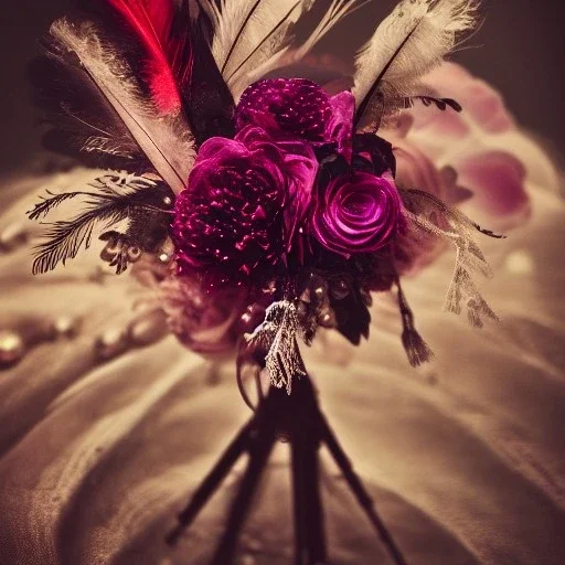 delicate bouquet of lace pearls and feathers, chiaroscuro, vivid colors, festive colors, dramatic lighting, beautiful composition, aesthetic layout