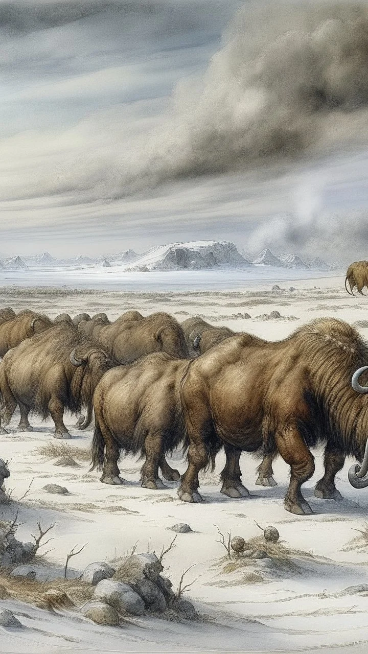 A tundra with woolly rhinos painted by Albrecht Durer