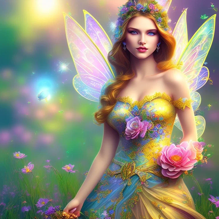 bright fairy, beautiful portrait, flowery landscape