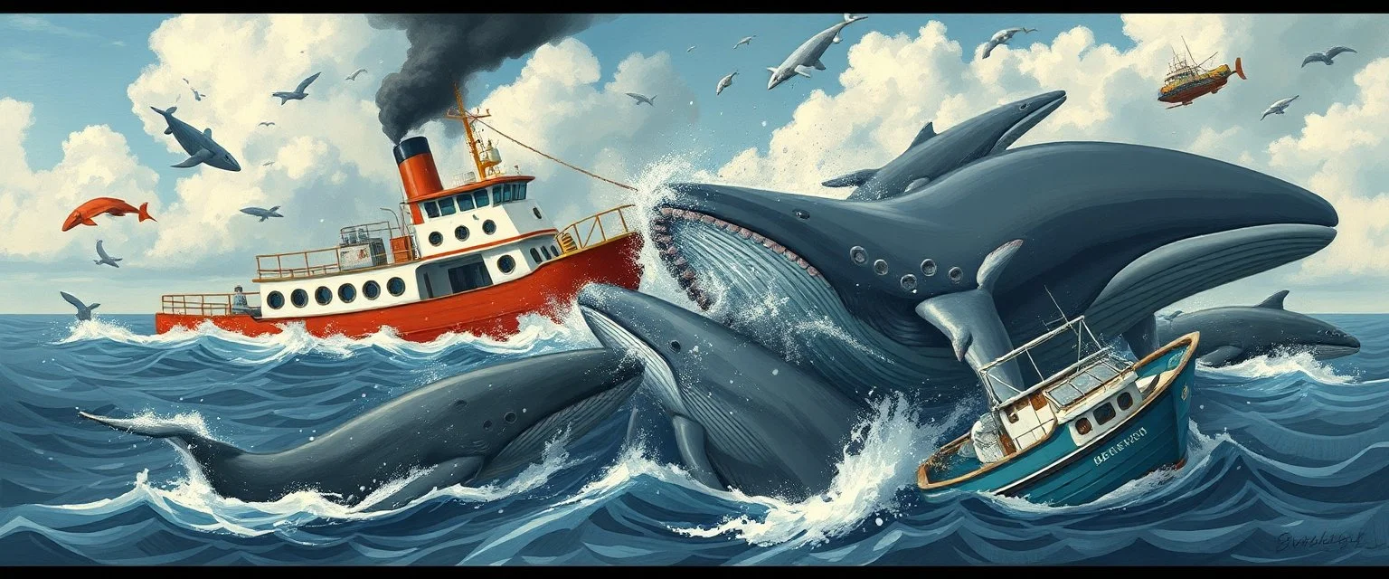 collisions, aggression, ship hitting animals, animals interacting with vehicles, whales near boats, overlapping subjects, chaotic composition, distortion, surreal behavior, violence, confusion, merged objects, cartoon, painting, low realism, watermark, text
