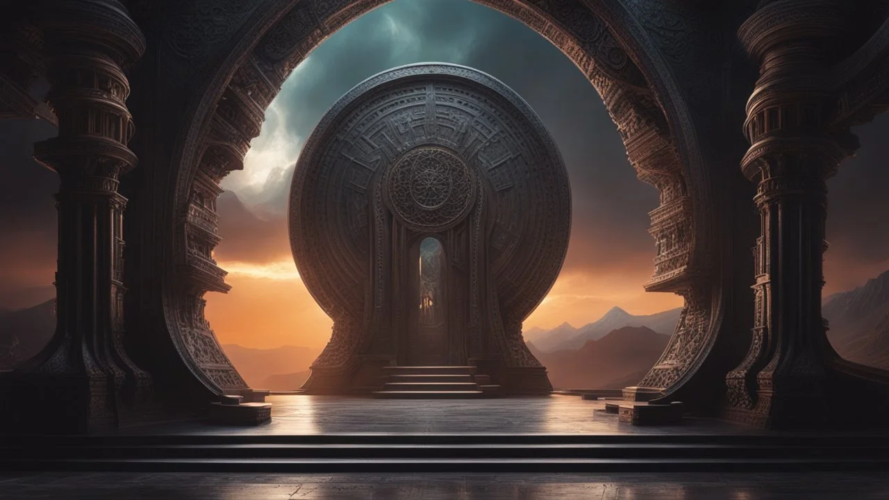 an ancient magical portal leading to another world. mountains. h. r. giger. cinematic lighting, hyper realisme, Hyperrealistic, splash art, concept art, mid shot, intricately detailed, color depth, dramatic, 2/3 face angle, side light, colorful background