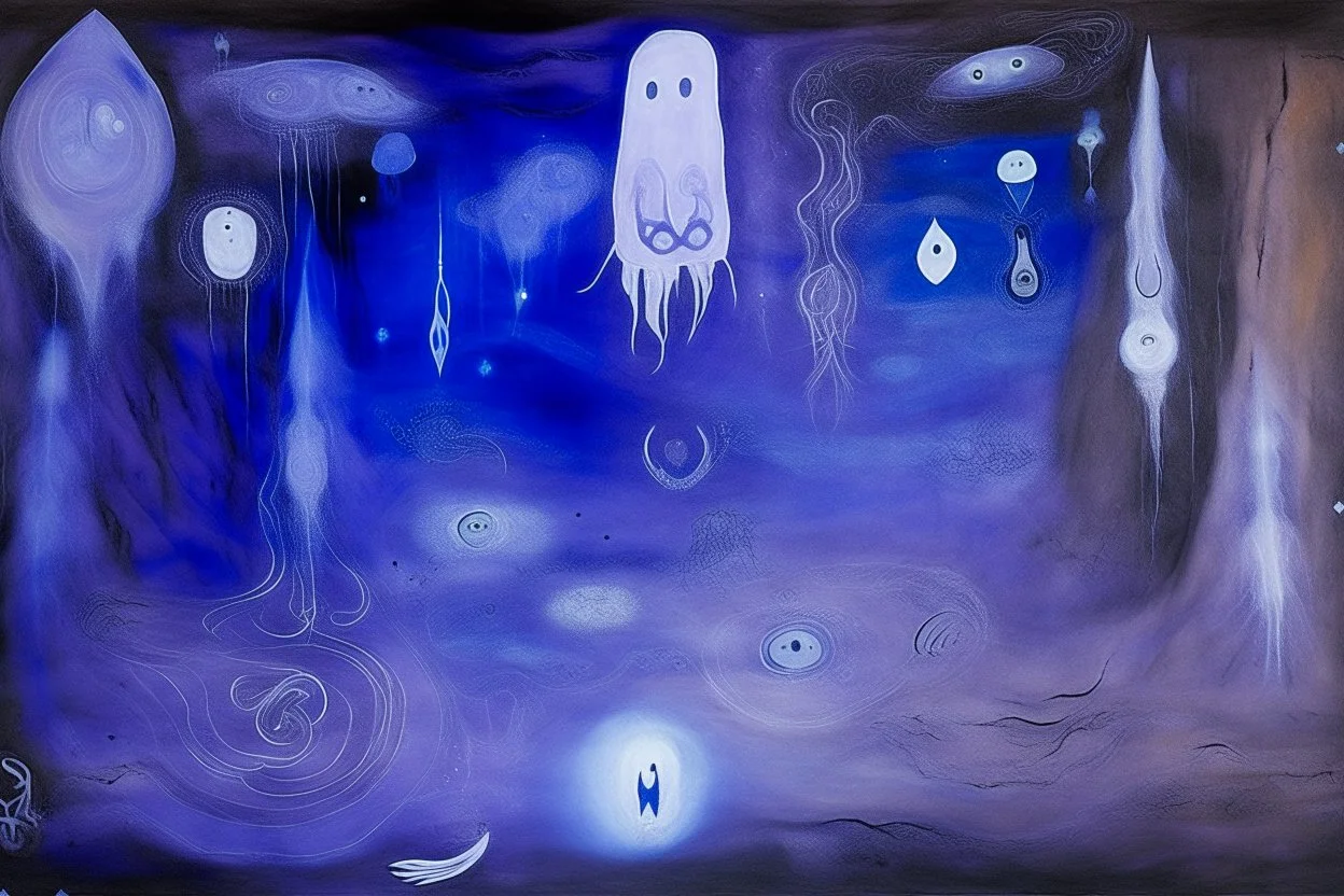 A purple outer space with ghosts of illusion designed in native American petroglyphs painted by Edgar Degas