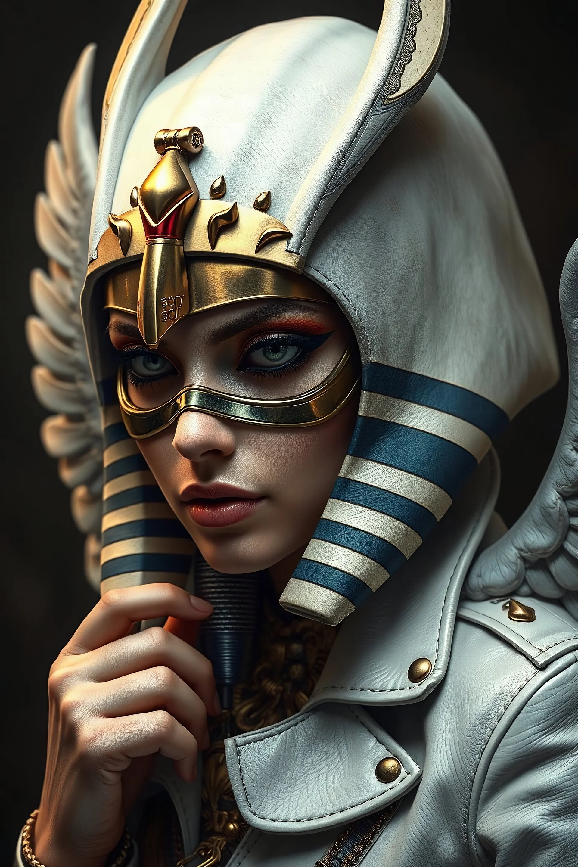 Photorealistic Portrait, ultra detailliert: Isis with egyptian mask, egyptian godess, white leather jacket with cool wings