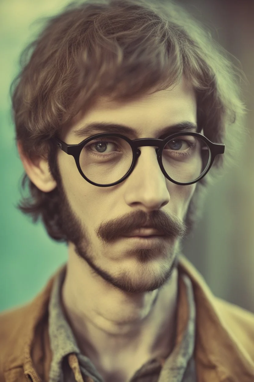 bohemian young ugly man with Parisian bohemian look and glasses of colours and poor and short short short and poor hair on the head with receding hairline. Farsightedness glasses with big eyes. Long beard. Vintage look and feel like photo styleof the 70s