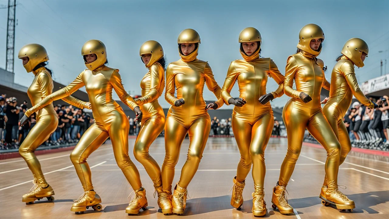 Hyperrealistisch Rollergirls völlig verhüllt von golden glänzendem Ganzkörper-Zentai mit geschlossenem Visier in identischen goldfarbenen, geschlossenen Helmen fahren in Avus-Steilkurve in Formation parallel nebeneinander und hintereinander mit Rollschuhen zu Dutzenden