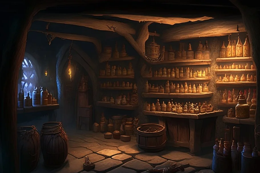 inside of a medieval shop, wooden walls, log pillars, stone bar with shop keeper behind it, magical ingredients on display and weapons on display. people, elves, goblins, orcs, dwarves and lizard folk in room. low lighting and creatures in containers