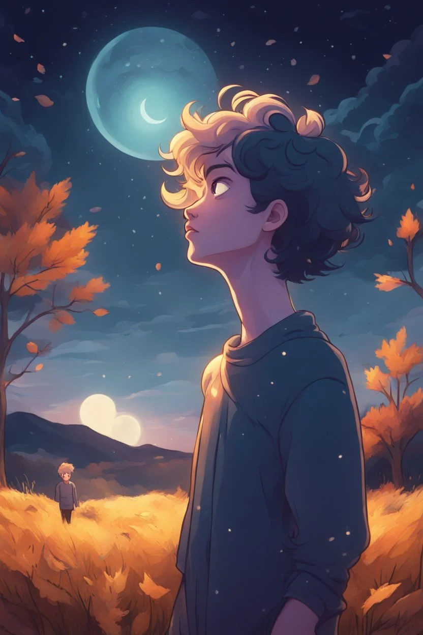 a non-binary person looking up to an ethereal in a pasture at night during fall cartoon style