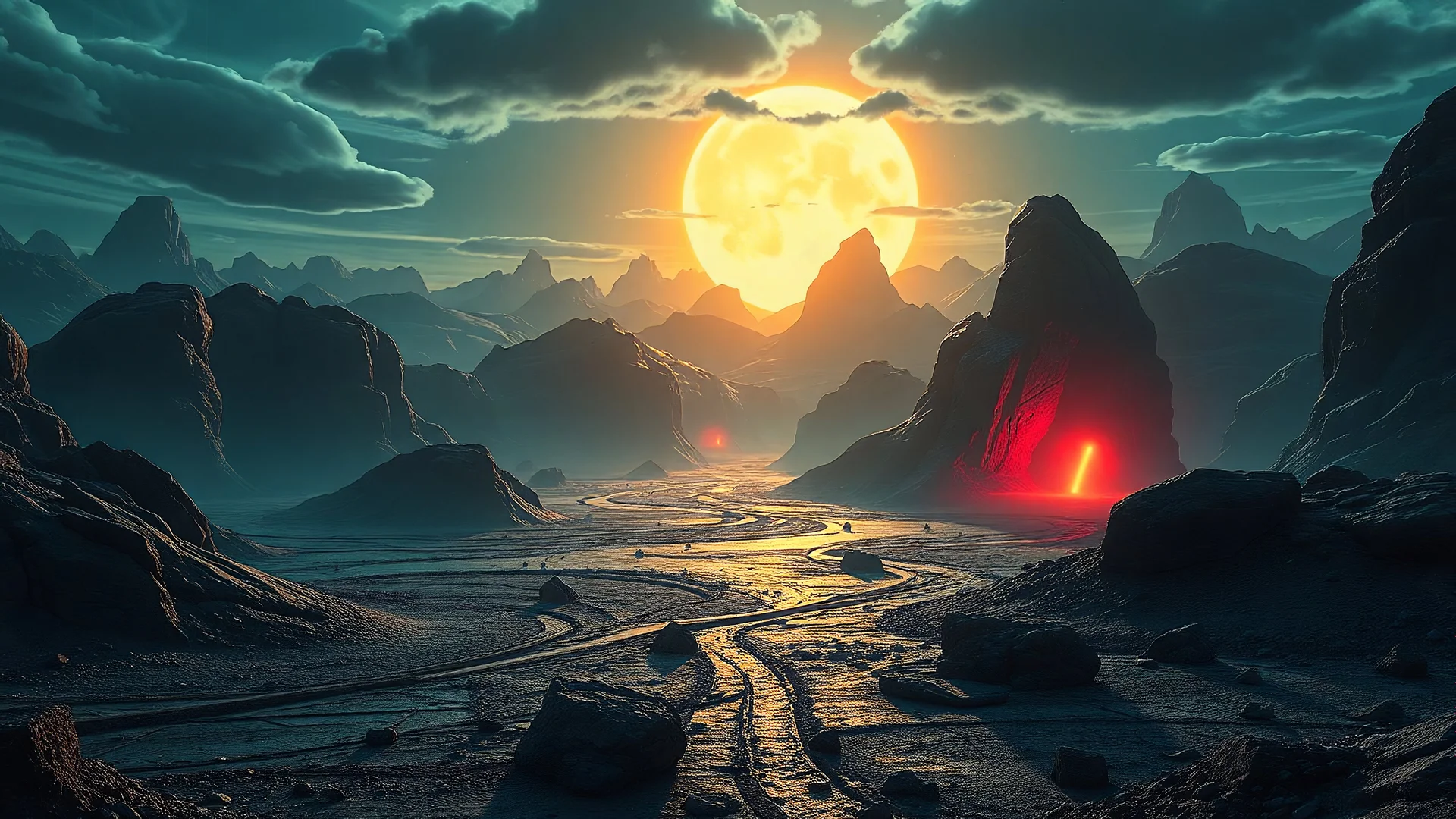 an irradiated landscape that looks futuristic with futuristic lighting, realistic rendering