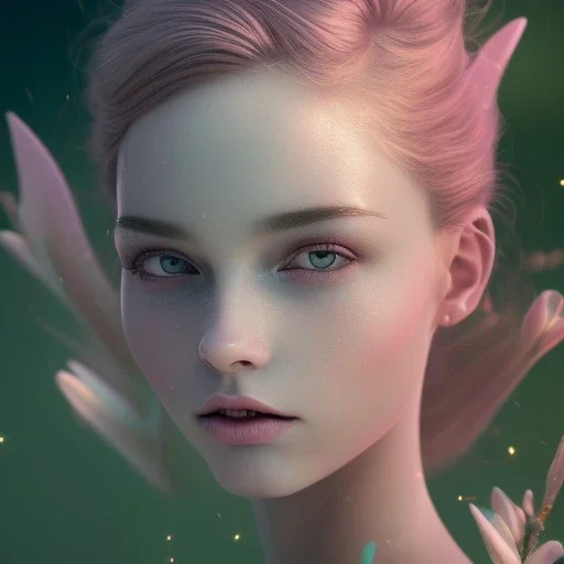 fairy, pink, green, beautiful, hyperrealism, masterpiece, expert, cinematic lighting, sharp focus, 8K, pastel, macro lens, woman, detailed, flower