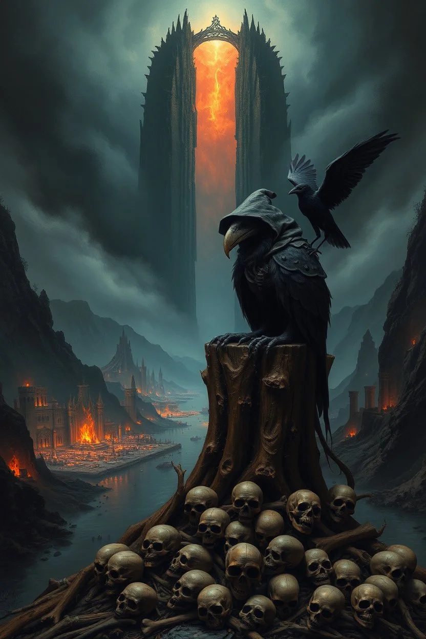 a weird bird-man creature in dark hooded and hat sitting on top of a tree stump, pile of skulls under his feet, under in valley a ruins city with fires and ash and bones, dark deep colors, style by Vincent Lefevre, El Kazovszkij, and Lovecraft , black raven sitting on his shoulder, dark dream of the end the world, in the background floating a tall dark magic gate into after-life, surreal weird art, cinematic