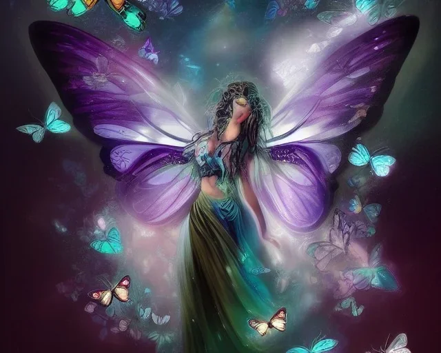 Beautiful mystical butterfly portrait, dark fantasy, romanticism, acrylic paint, chinese painting, magazine, highly detailed, ethereal, otherworldly, backlighting, rays of shimmering light, persian empire, artstation, silver, purple, black, teal, aqua, yellow, olive, vibrant, intricate,