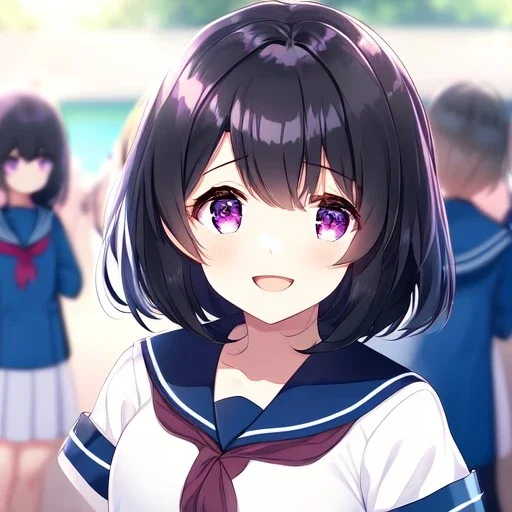 Clear focus,High resolution, Anime girl wearing a sailor uniform at school, laughing, blurry background, classmates in the background, Short black hair, Purple eyes