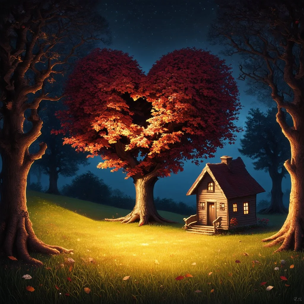 fairytale mood, autumn, dark night, a forest clearing with a lovely cottage, heart shaped tree