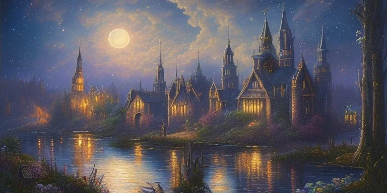 gothic painting of a victorian city in a fantasy starry night