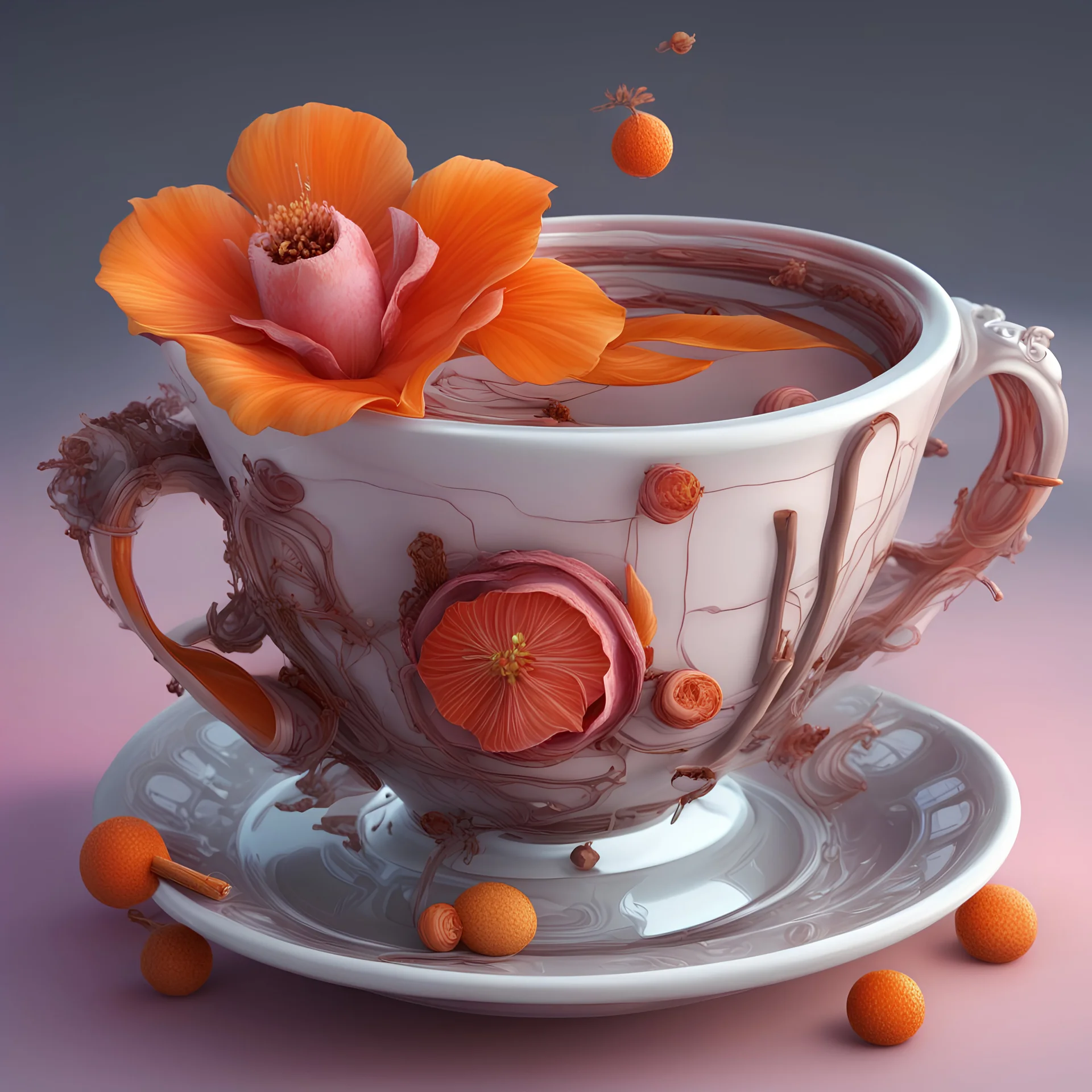 rose hibiscus+orange fruit +cinnamon tubes,in a futuristic tea cup,3d,fantasy,cyberpunk,steampunk.