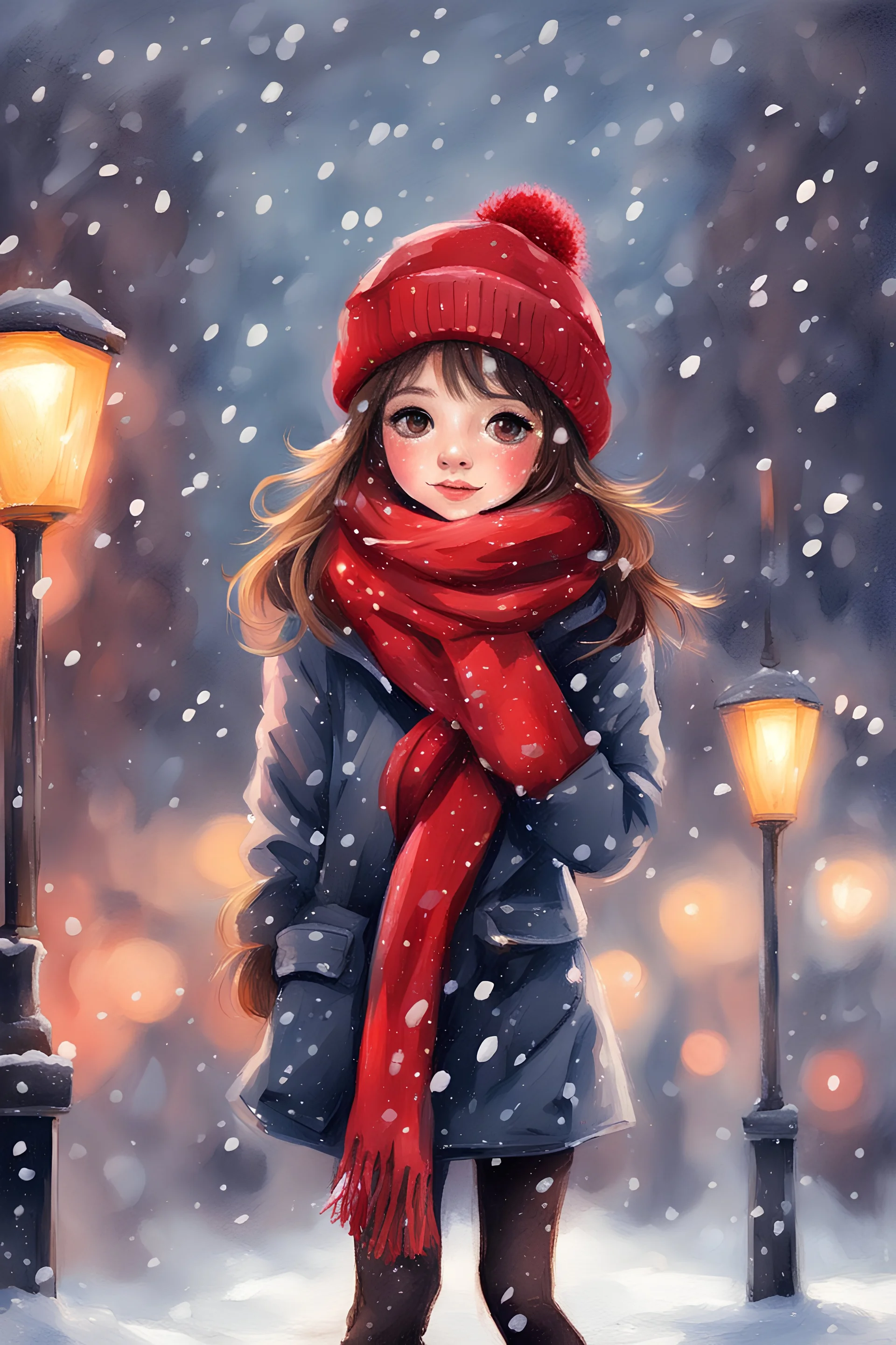 Painting of a cute girl in a red hat and scarf, pretty face, snowfall in the background, bright night