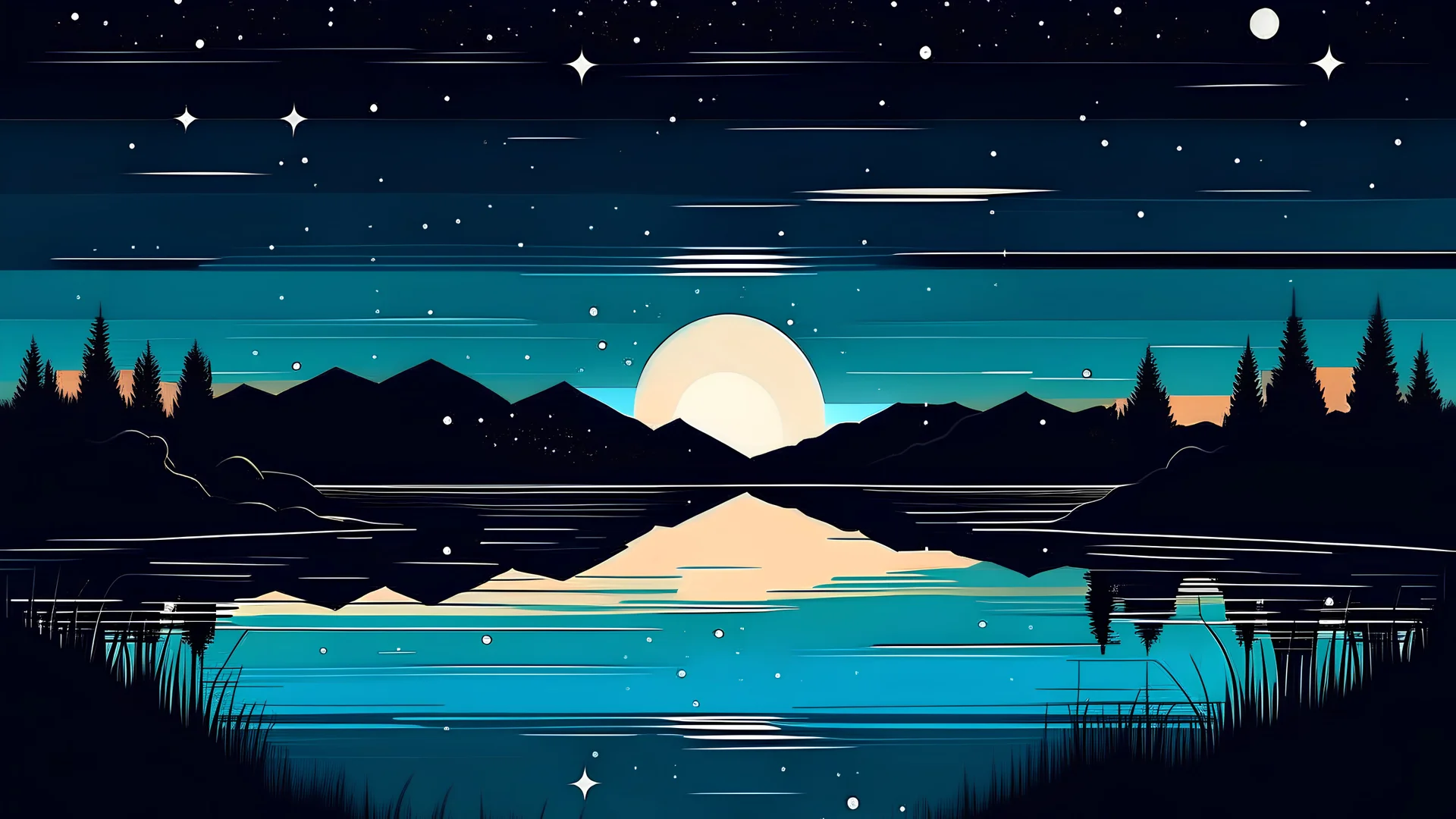 a vector graphic of lake in the stary night sky