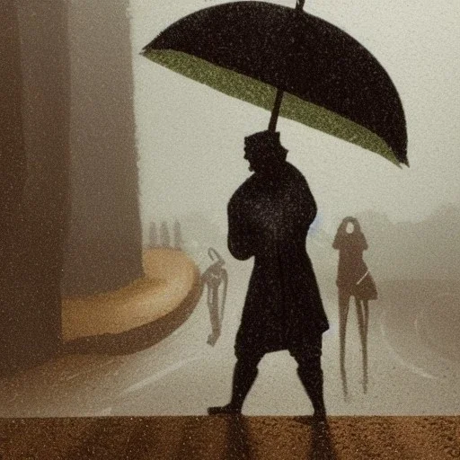 Medieval man looking at rainy road