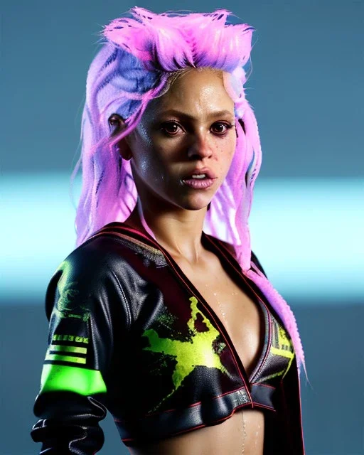 portrait, Shakira, blonde artist, angry, Realistic image, MMA robe, hoodie, mma gloves, band aid, loose long hair, eyes make up, face thunder gold make up, circle iris. moisture sweat, fog, Neon colors, leds. Dark background, photo studio, concept art, smooth, unreal engine 5, god lights, ray tracing, RTX, lumen lighting, ultra detail, volumetric lighting, 3d, finely drawn, high definition, 4k.