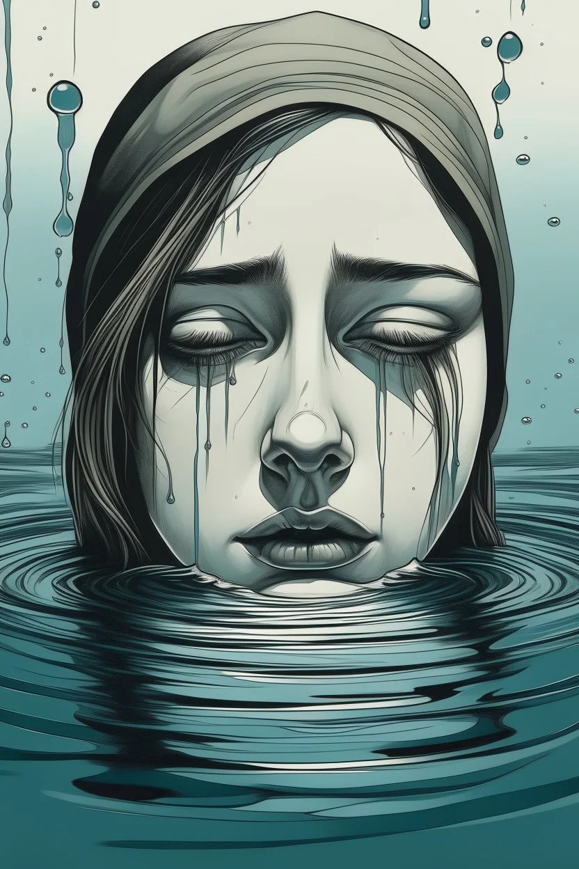 Artwork of t-shirt, Wide angle, half of face on water surface of a woman eyes are full of tears in swimming pool. Broken heart, sadness, down deep