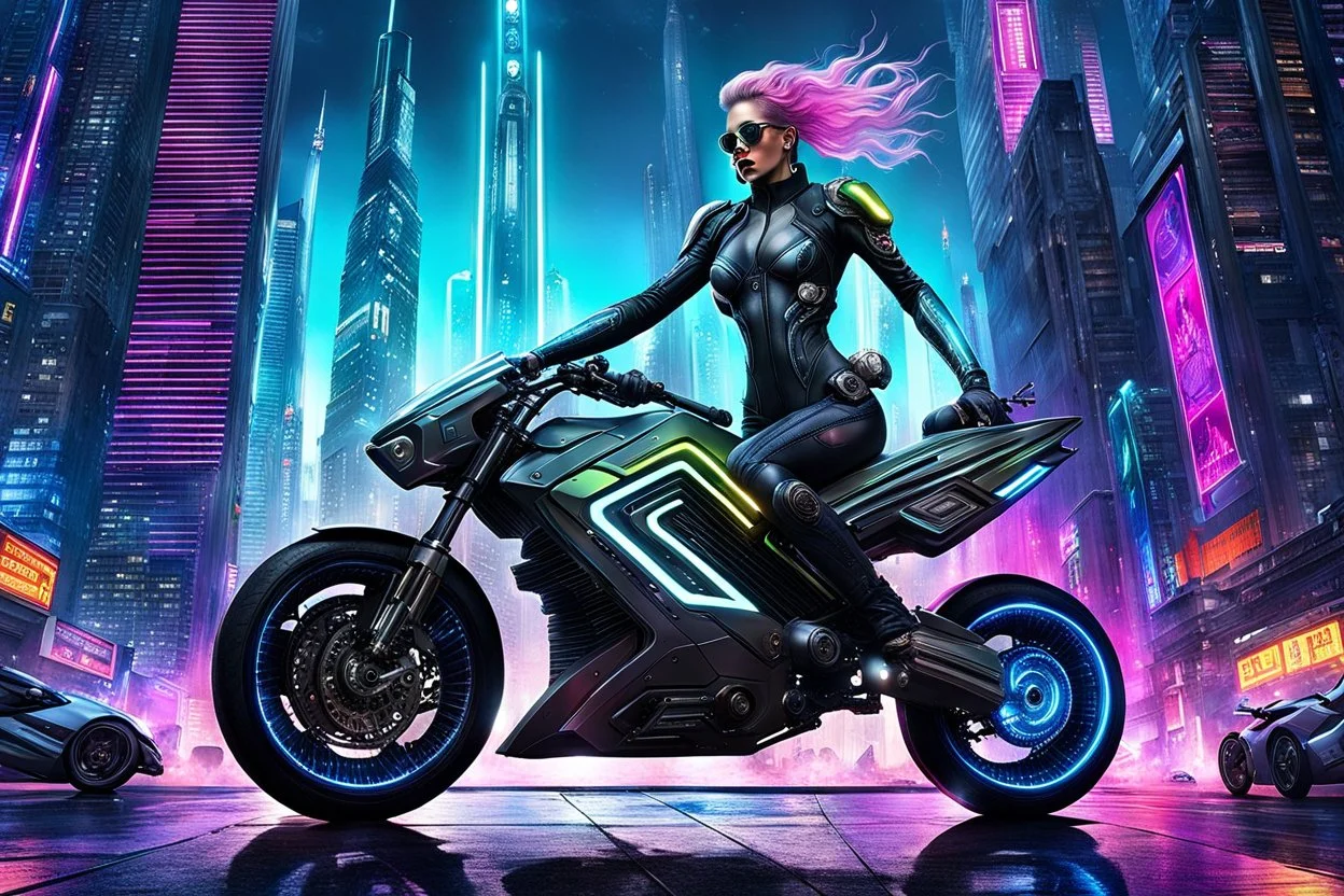 In utopian cyberpunk future, a hardcore beauty woman, cruises through the neon-lit streets of a tall, towering city on her custom-painted motorcycle. Her perfect android body is in futurstic motorcycle clothing, it gleams in the night as she racing between towering metal and glass skyscrapers and The Utopistic Landscape and satellites stretches out before her. She rides towards a neon blue spaceport, where her latest adventure awaits. deep colors, utopistic, neo-cyberpunk style