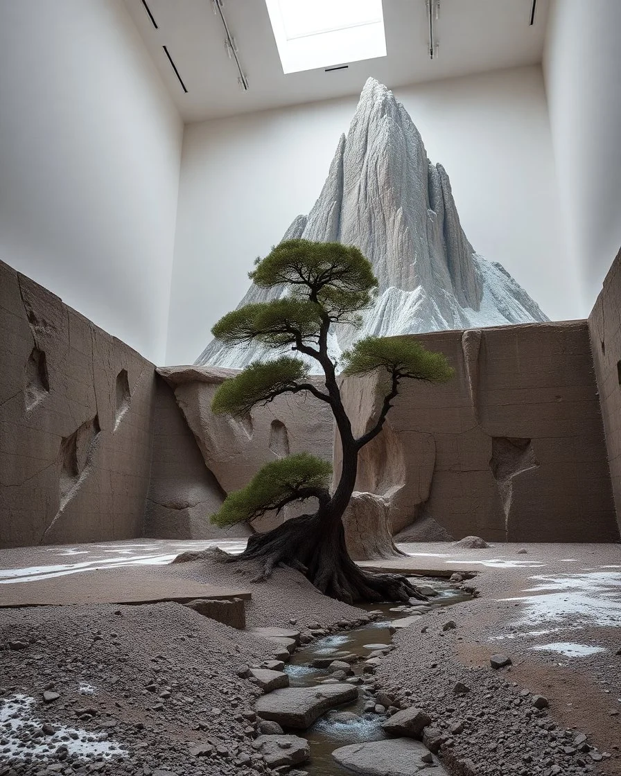 Photograph, NO PEOPLE, a mass of terrain, giant museum space, tree, high walls, high peak in a room, rag, powder, brook, sediments, deflagration of the background, geological formation, light, architecture, minimalist, details of the terrain very accentuated, 8k, deep 3d field, sharp, brutalist, hasselblad h6d400c --ar 85:128 --v 6.0