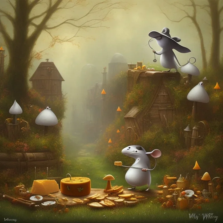 A Plague Doctor (AND) a Mouse having a port & cheese party in a forest of mushrooms by a river, art by Pixar and Dreamworks