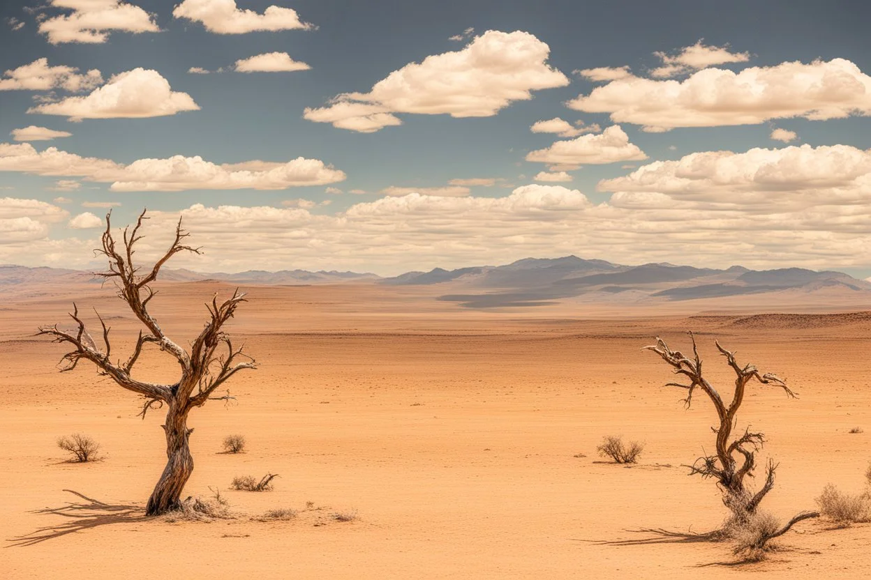 clouds, arid land, distant mountains, dry trees