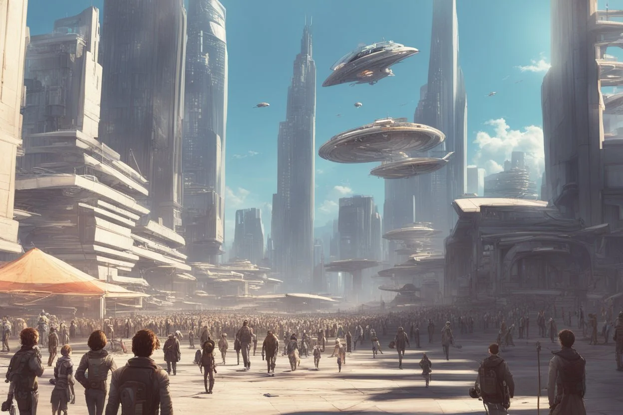 sunny day, city, sci-fi, people, epic