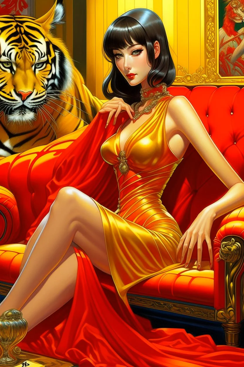 A digital painting by Kuniyoshi and Sorayama of a beautiful gynoid with a yellow dress sitting in a red couch next to a tiger's head.