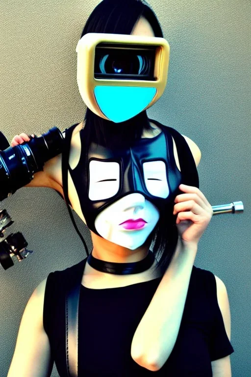 Cyber-punk style camera-mask. Large fencing mask covers cheeks. Trim girls. Reflective white plastic skin. Camera lenses as eyes. Head full of integrated old-fashioned cameras. Golden to cyan surfaces body, latex. Perfect body, thick thighs and calves. Asa Akira. Selfies with old-fashioned cameras in both hands. Wide hip, skirt bleats nicely. Camera at mons veneris and nipples. Partly symmetrical. Three Cameras hanging on wide plastic belt. Euclidean 3D-tiling. Fractal-camera-lens.Minimalism