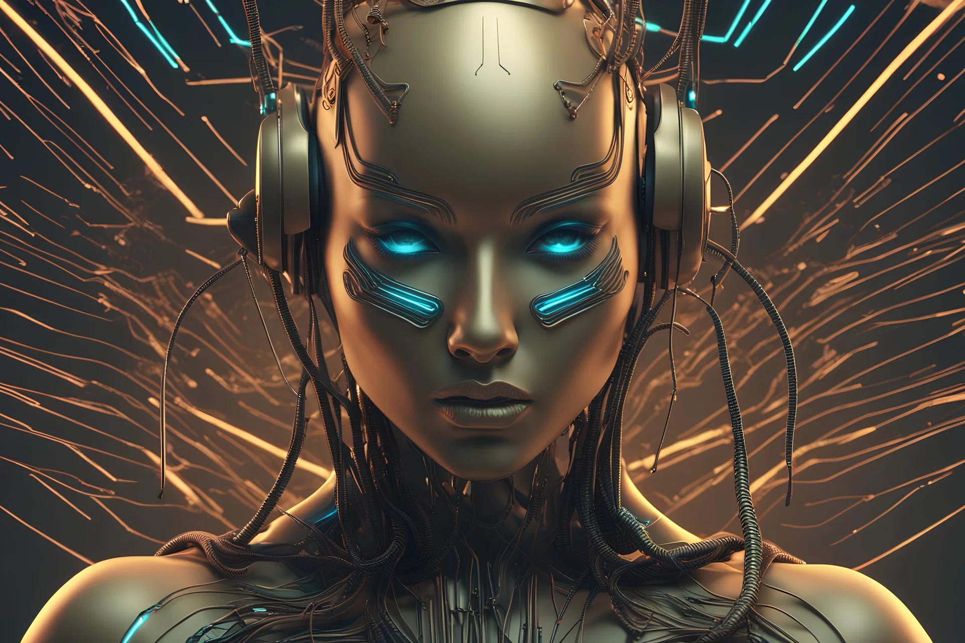 Cyberpunk 3D illustration of female head with some wires over it stock photo, in the style of psychedelic-inspired smooth 3d digital art, exquisite thee-dimensional rendering, 4K, blender, c4d, gold dress octane render , disney style 3d light, Zbrush sculpt, high detail realistic cloth, concept art, Zbrush high detail, pinterest Creature Zbrush HD sculpt, neutral lighting, 8k detail