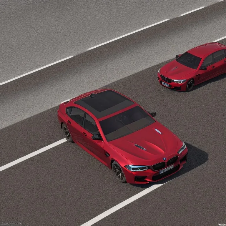 Cherry Red BMW M5 driving on a smooth asphalt road