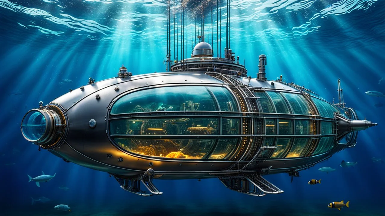 An unique cyber steampunk glass and metal submarine in the ocean, with large of water surrounding it. The submarine bottom positioned in the center of the frame, providing a unique perspective on this streamlined high-techstructure and interior equipment underwater, high detalied, sharp focus, best shot, sci-fi mood