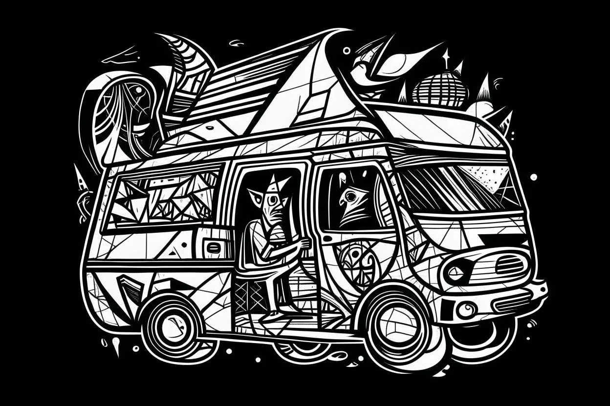 camper van life style of picasso black and white abstract shapes