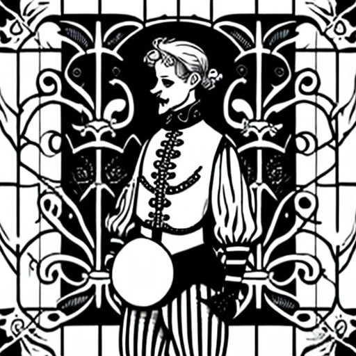 Storybook illustration of a Pierrot Clown, black and white, Beardsely style, art nouveau elements, vintage drawing, pierrot vintage, black and white marble floor