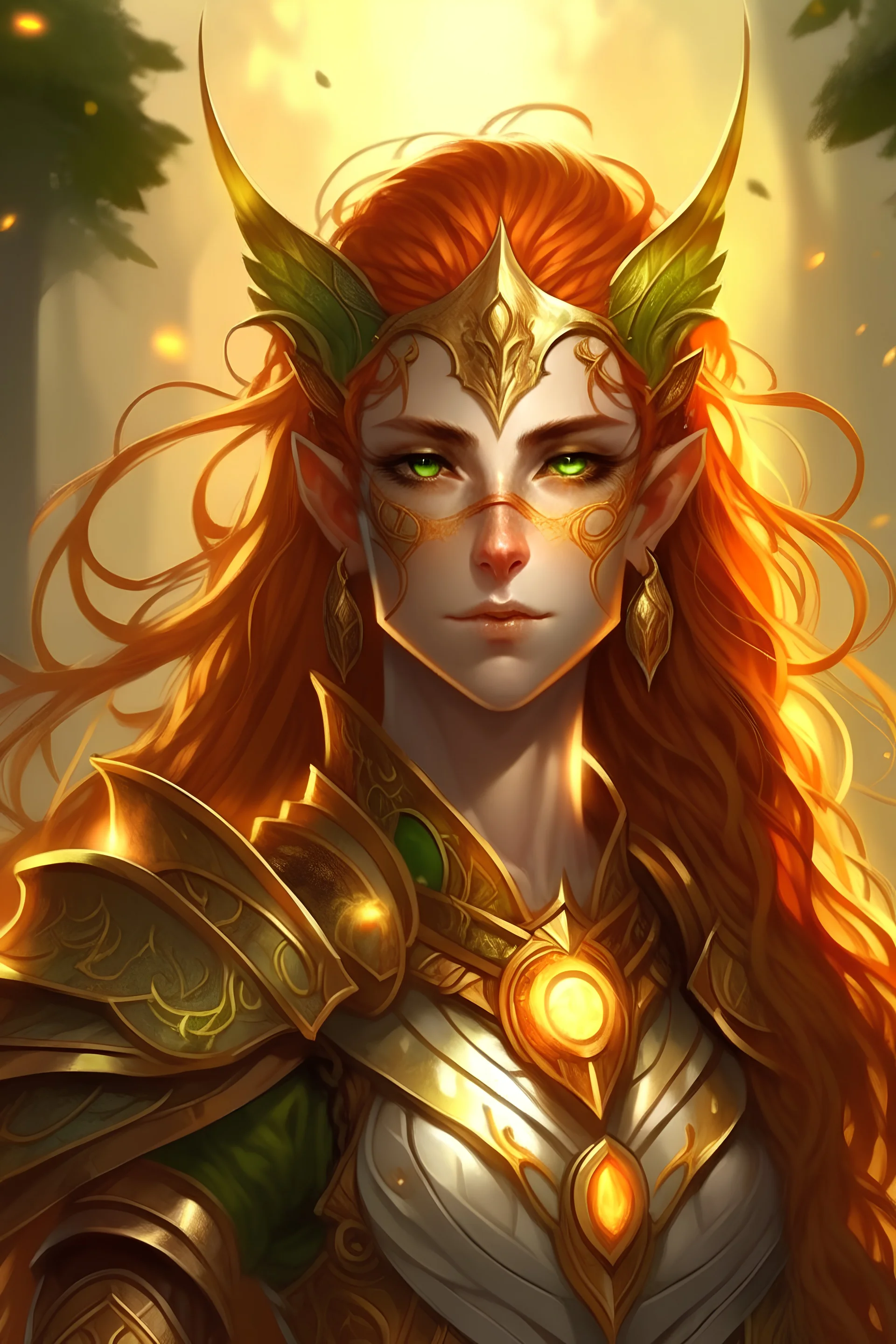Sun elf Bladesinger wizard copper hair gold eyes looking fierce but calm