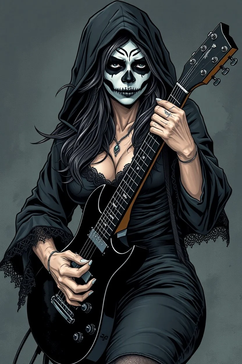 beautiful busty waif woman(wearing a wrinkled dark hoodie with wide sleeves trimmed with lace, skull face paint) playing a black electric guitar at high angle. heavy metal graphic novel