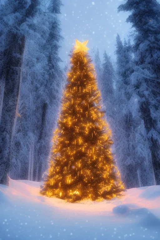 Huge lonely Christmas tree full of lights in a dark snowy forest, warm glow, multiple deer walking by, small cabin beside