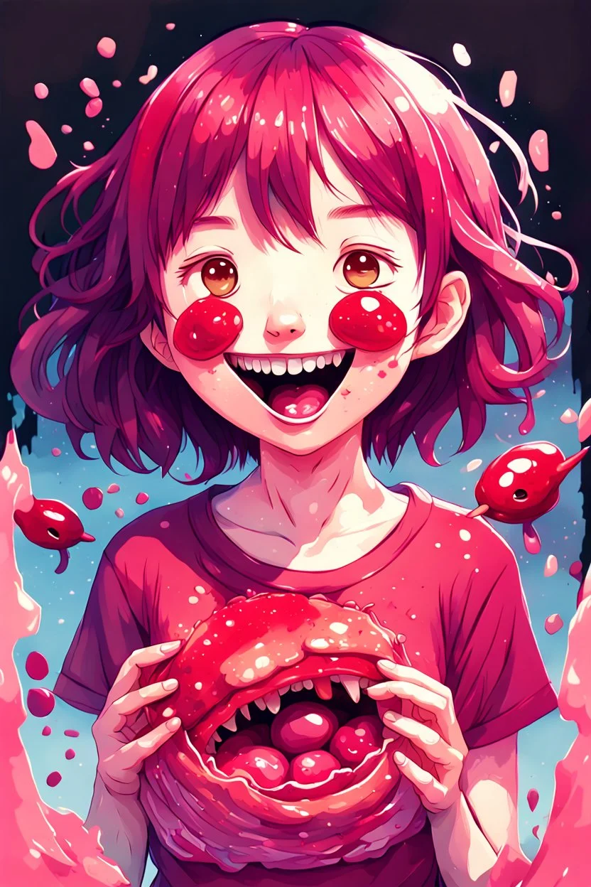 A detailed illustration Anime girl smiling crushed inside really darkred fleshy stomach filled with digestive juices, t-shirt design, in the style of Studio Ghibli, pastel tetradic colors, 3D vector art, cute and quirky, fantasy art, watercolor effect, bokeh, Adobe Illustrator, hand-drawn, digital painting, low-poly, soft lighting, bird's-eye view, isometric style, retro aesthetic, focused on the character, 4K resolution, photorealistic rendering, using Cinema 4D, vector logo, vector art,